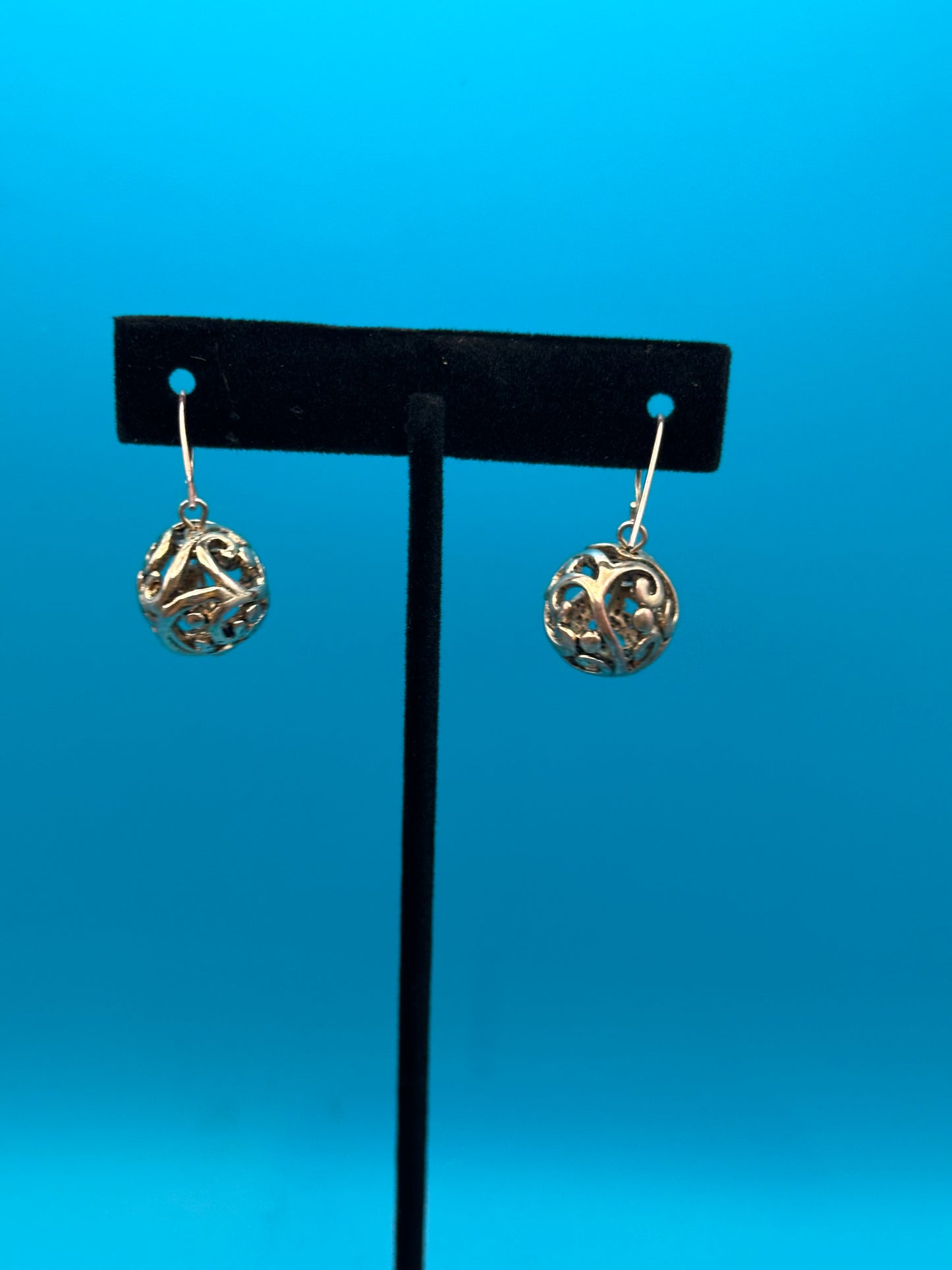 Vintage filigree ball drop silver over brass ball earrings