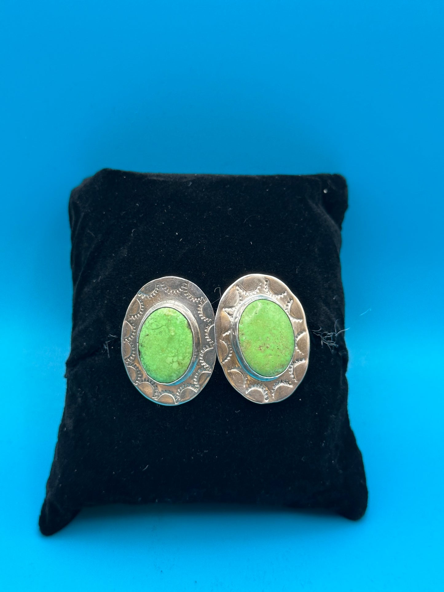 Sterling silver and bezel set green gaspeite Native American earrings