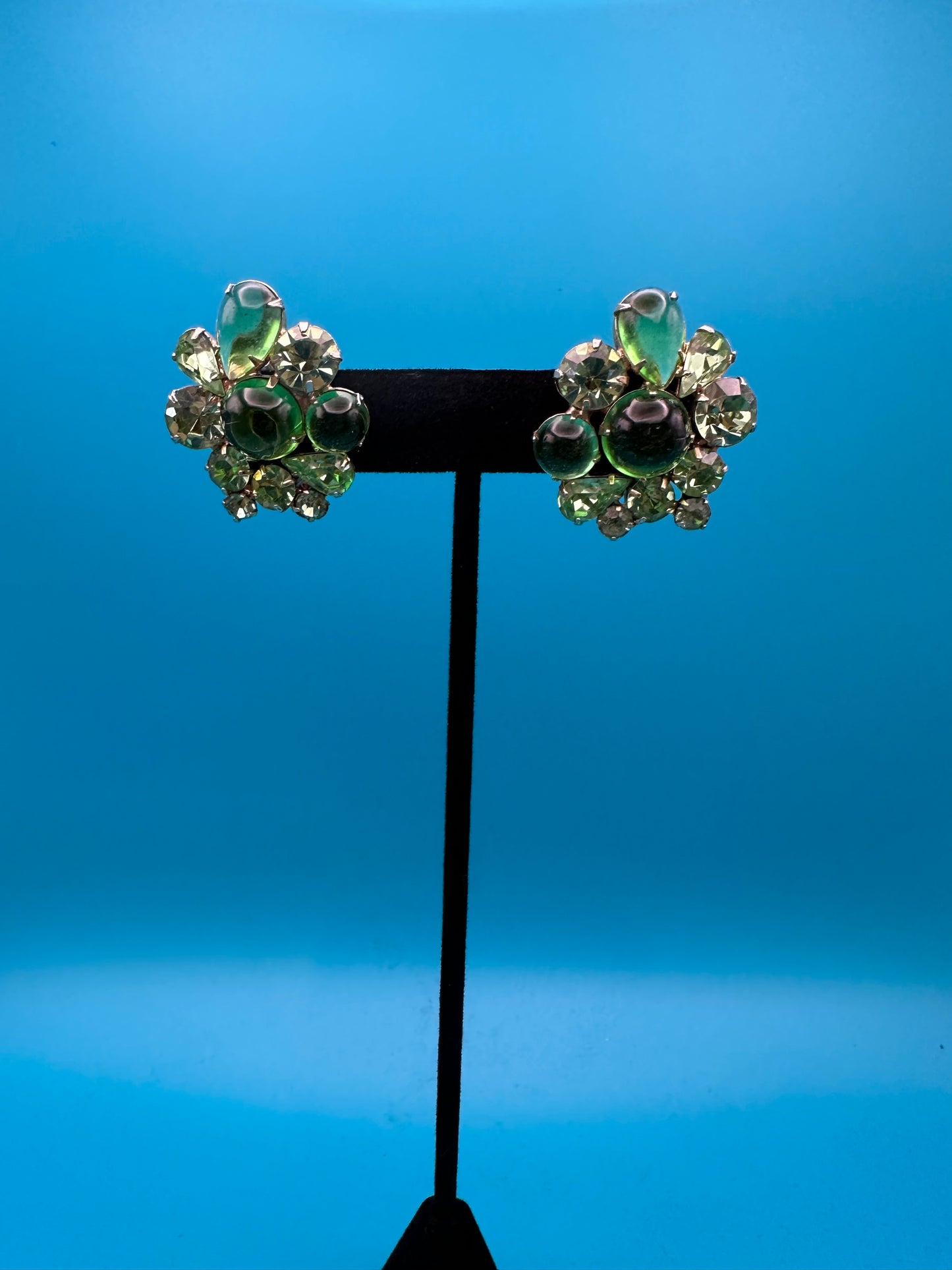 Green glass, cut and cabachon earrings