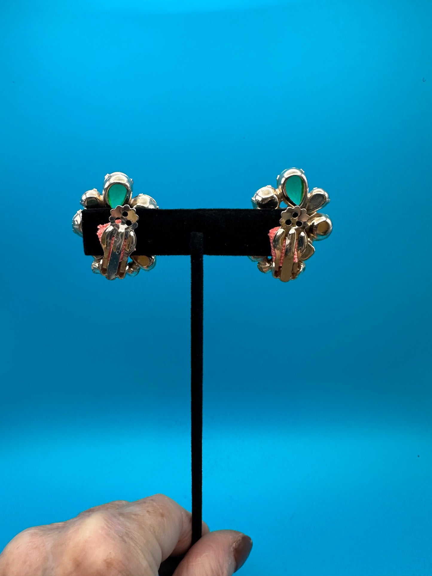 Green glass, cut and cabachon earrings