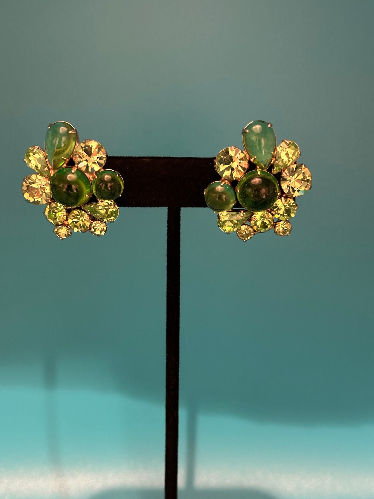 Green glass, cut and cabachon earrings