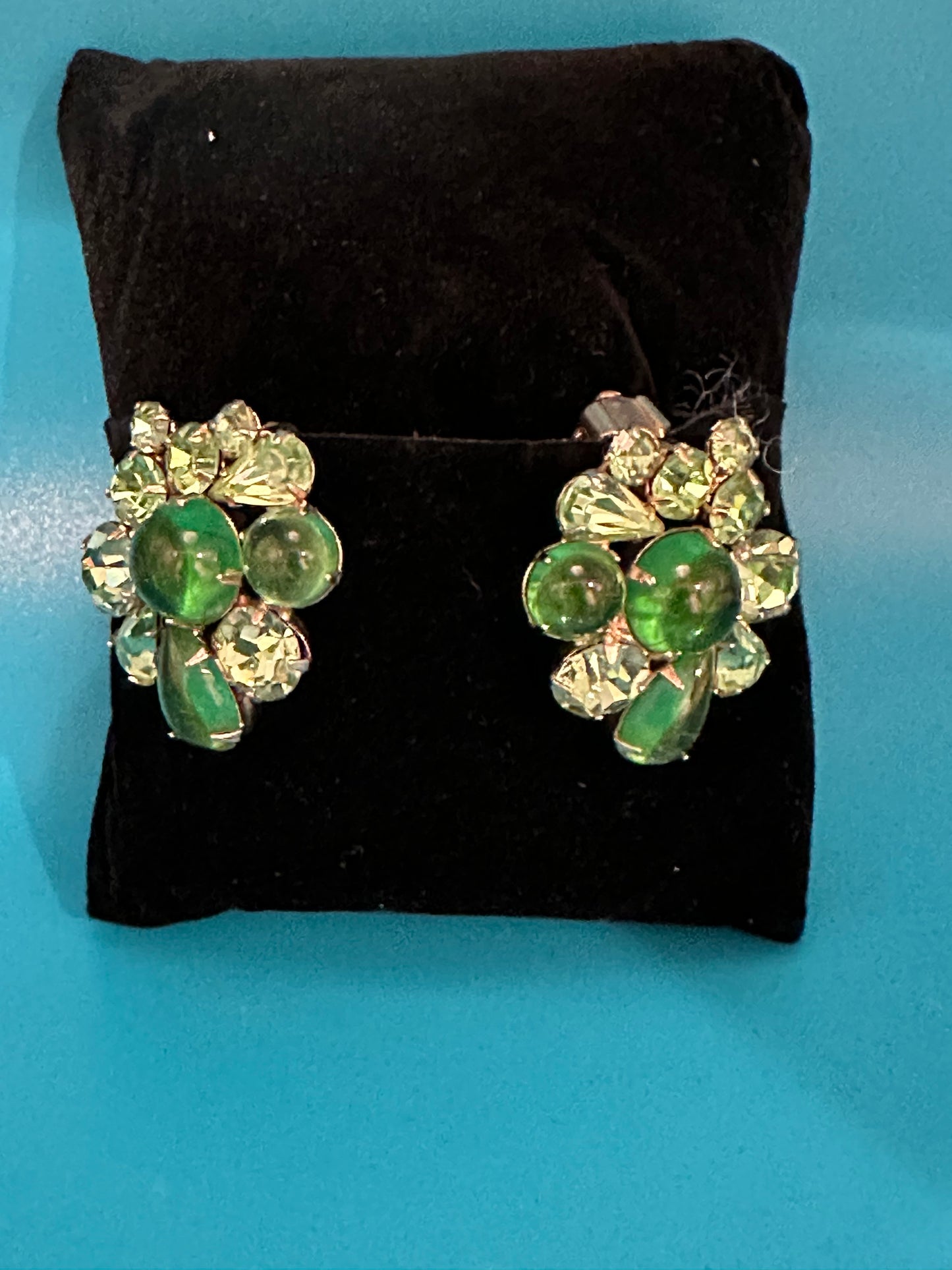 Green glass, cut and cabachon earrings
