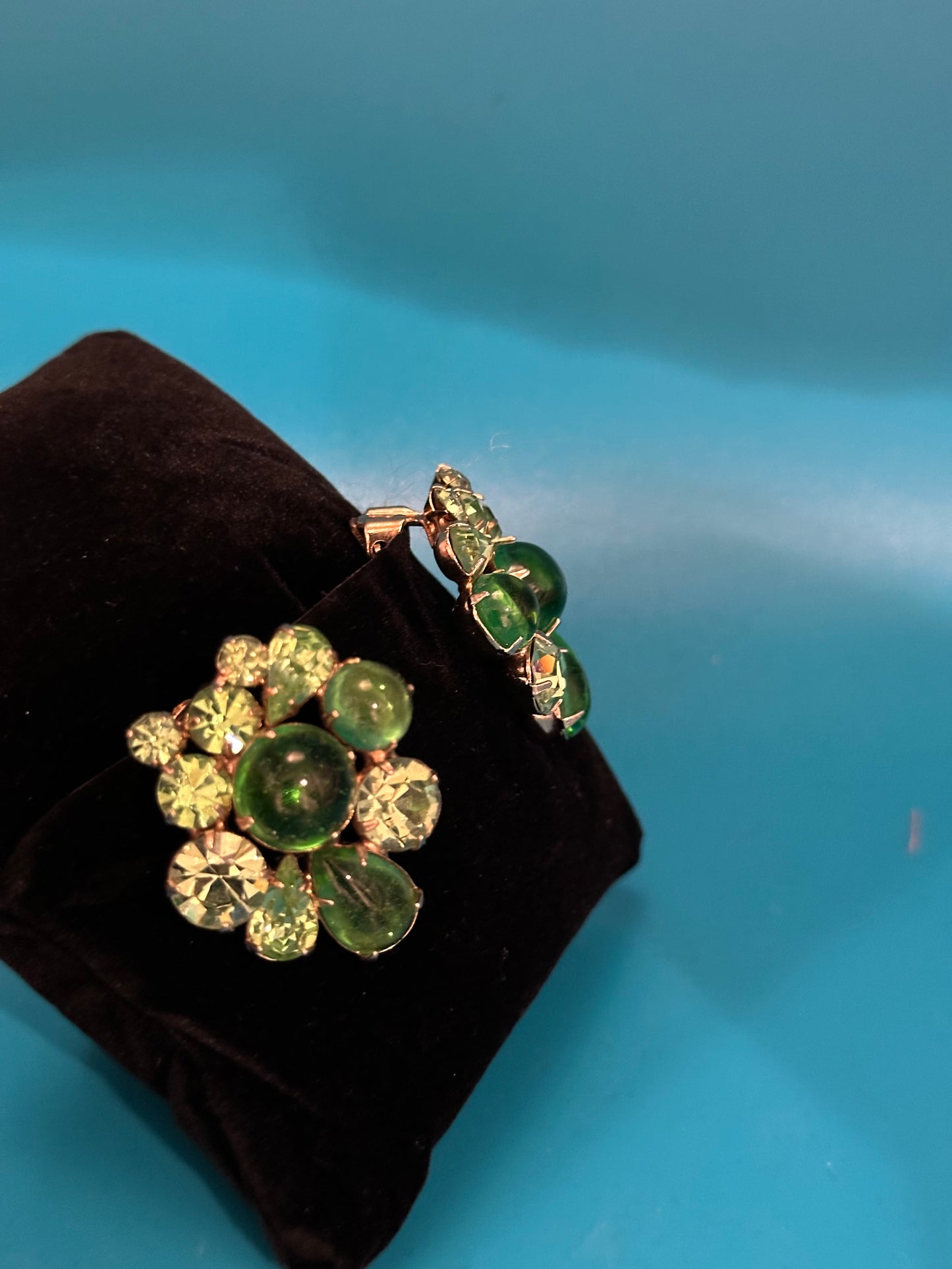 Green glass, cut and cabachon earrings