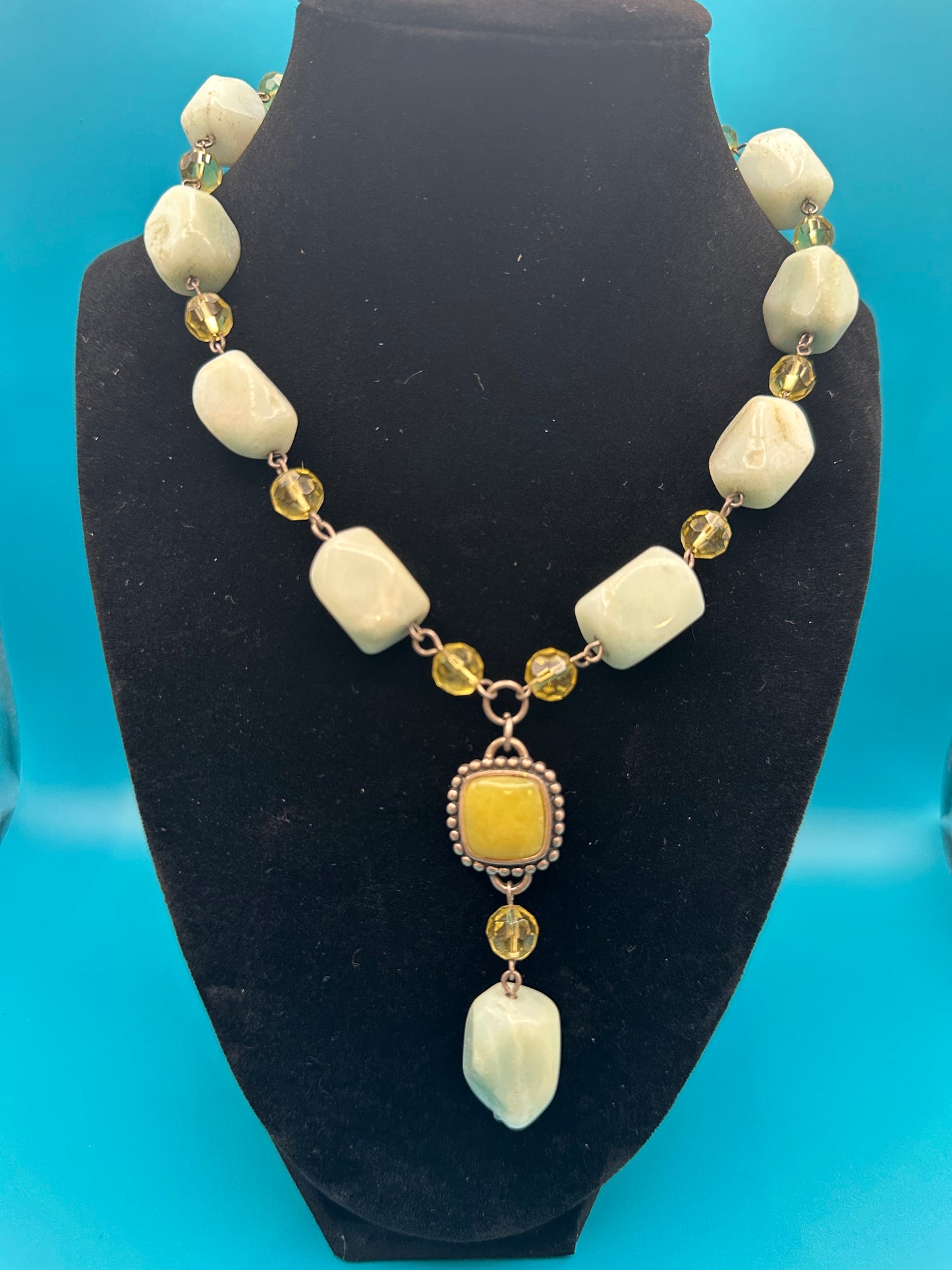 Vintage sterling silver amazonite jade and citrine beaded Y necklace