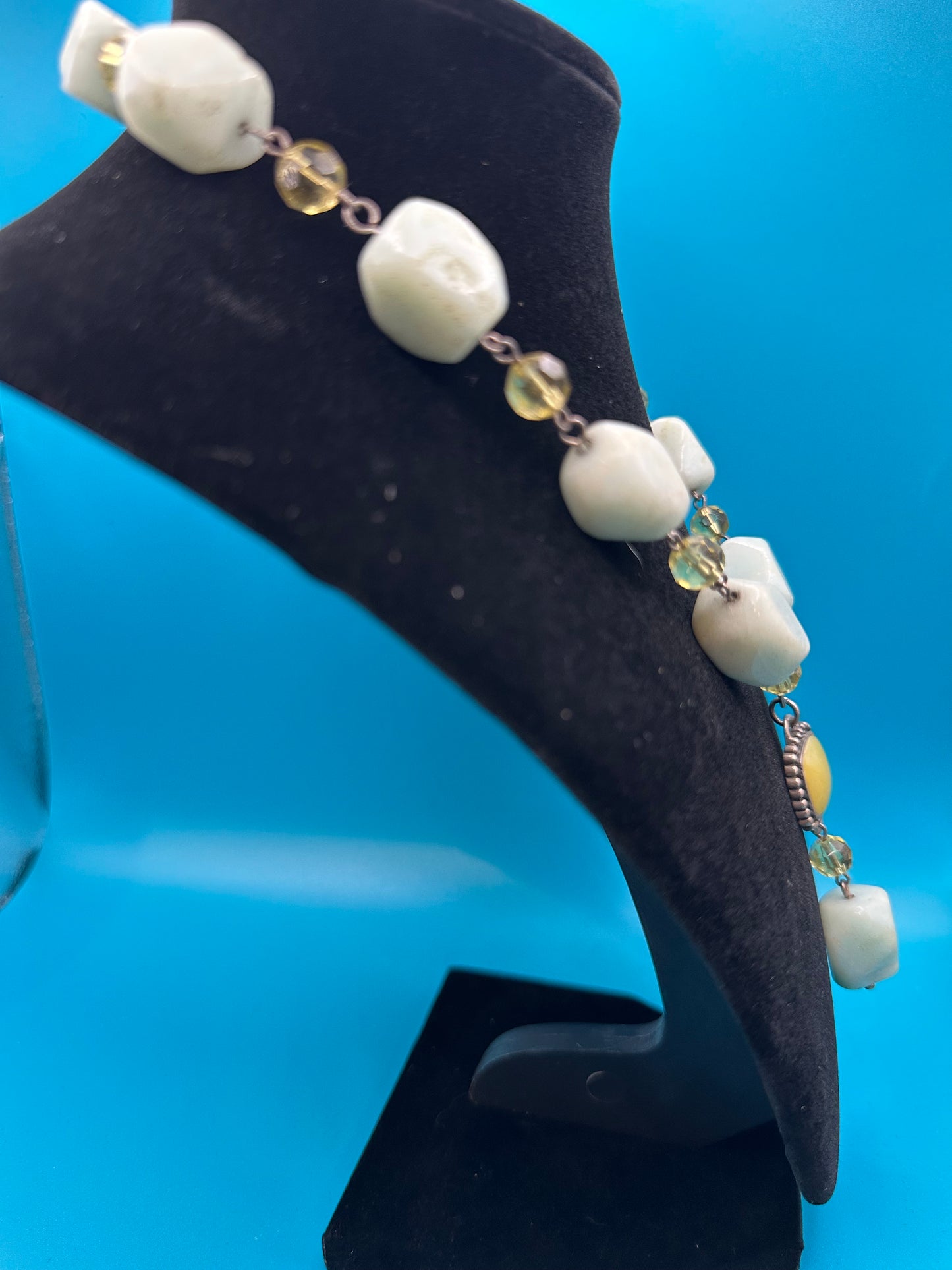 Vintage sterling silver amazonite jade and citrine beaded Y necklace