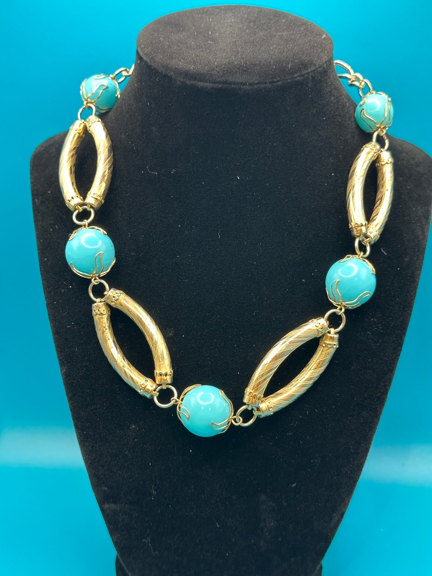 1950's vintage turquoise and gold metal necklace