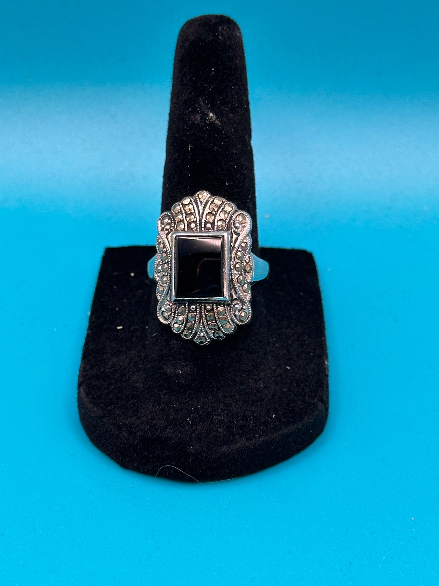 Sterling silver and onyx marcasite ring