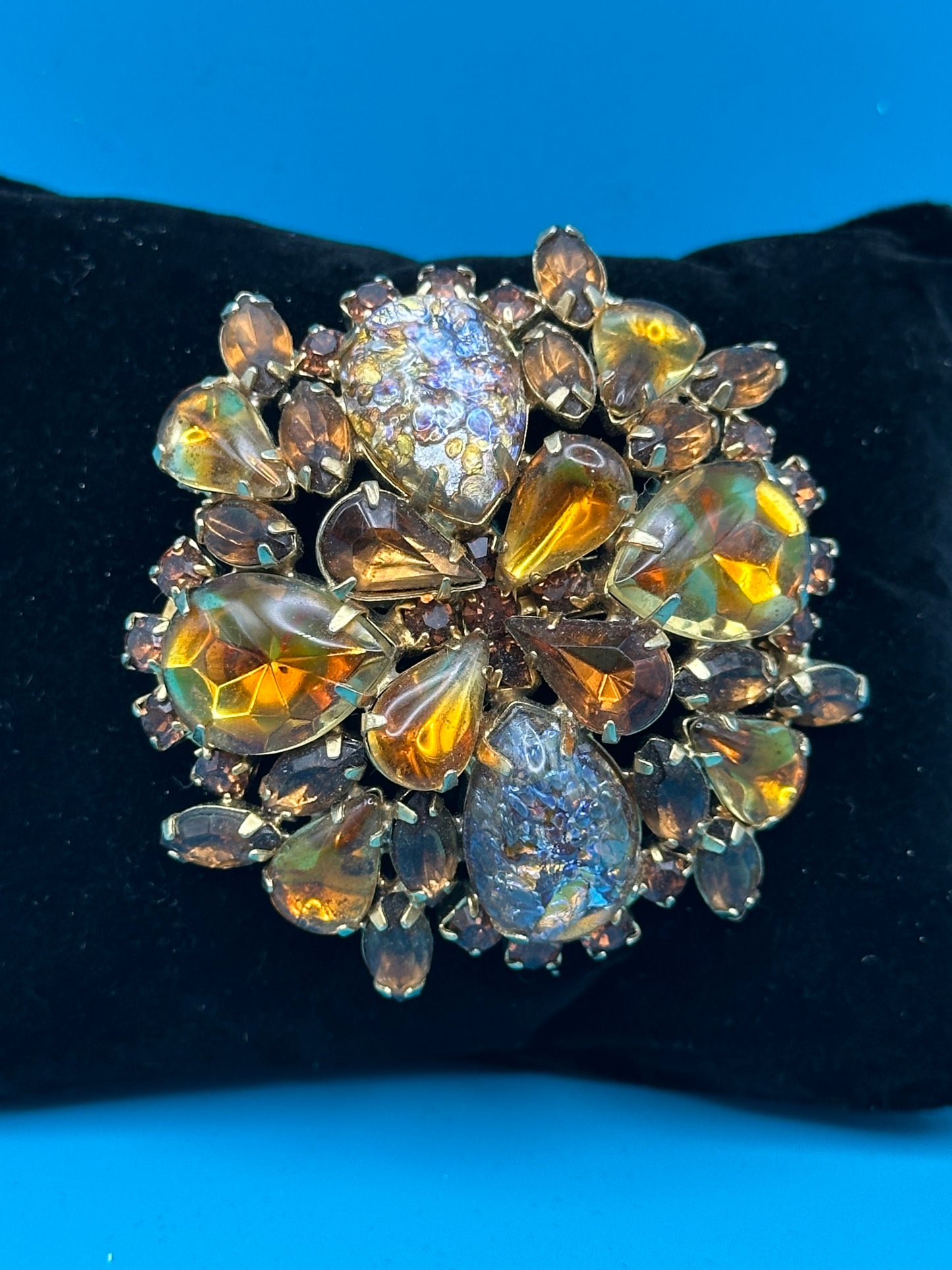 Striking vintage amber rhinestone and molded glass flower brooch