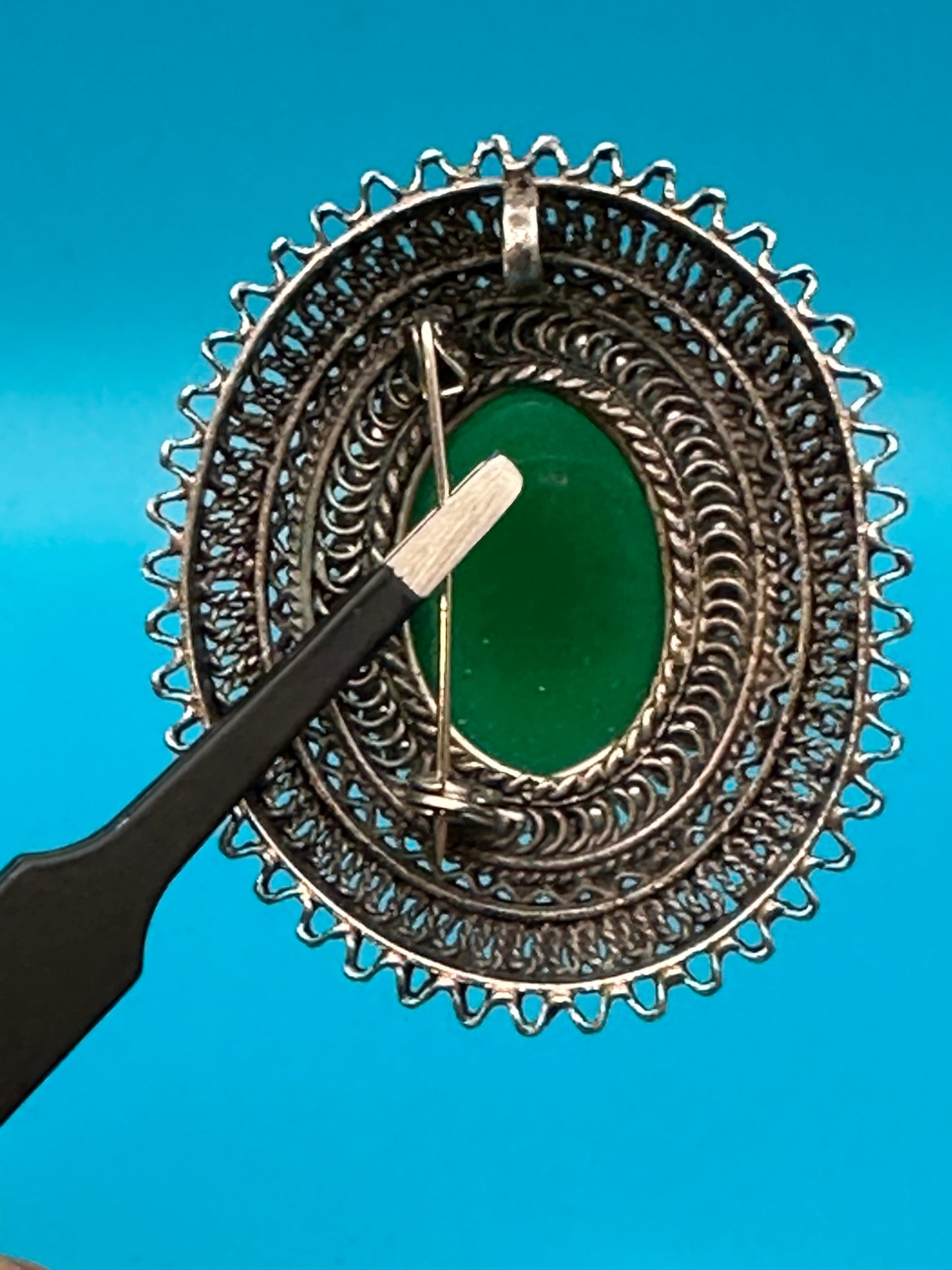 Dramatic sterling silver Israeli filigree and Chalcedony brooch/pendant