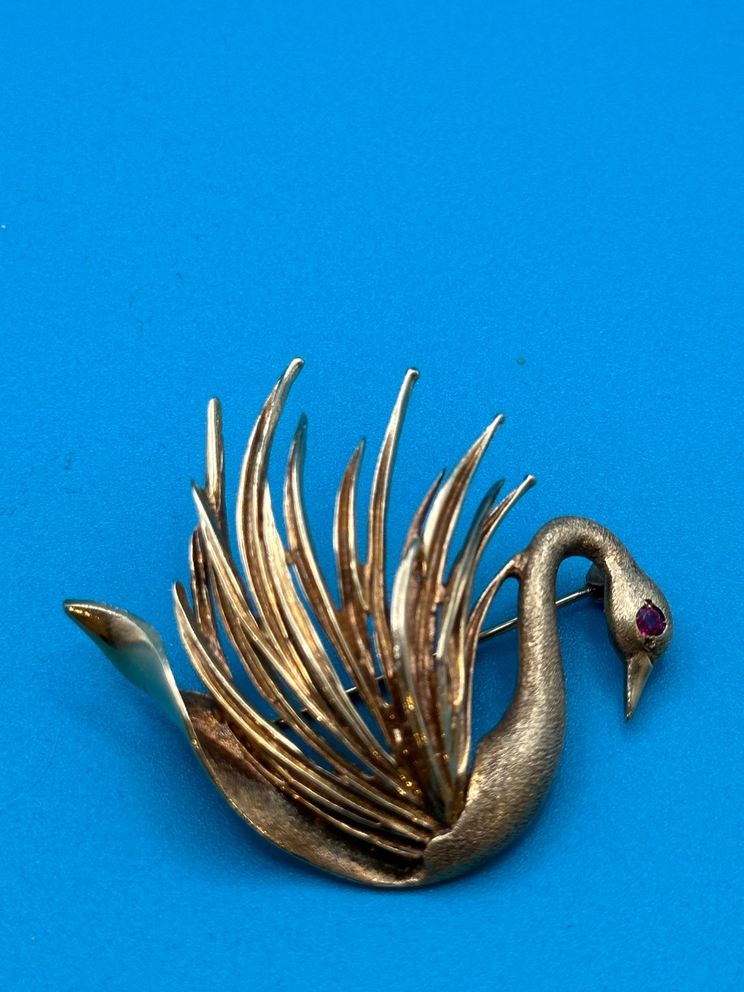 14k yellow gold mid-century swan brooch with ruby eye