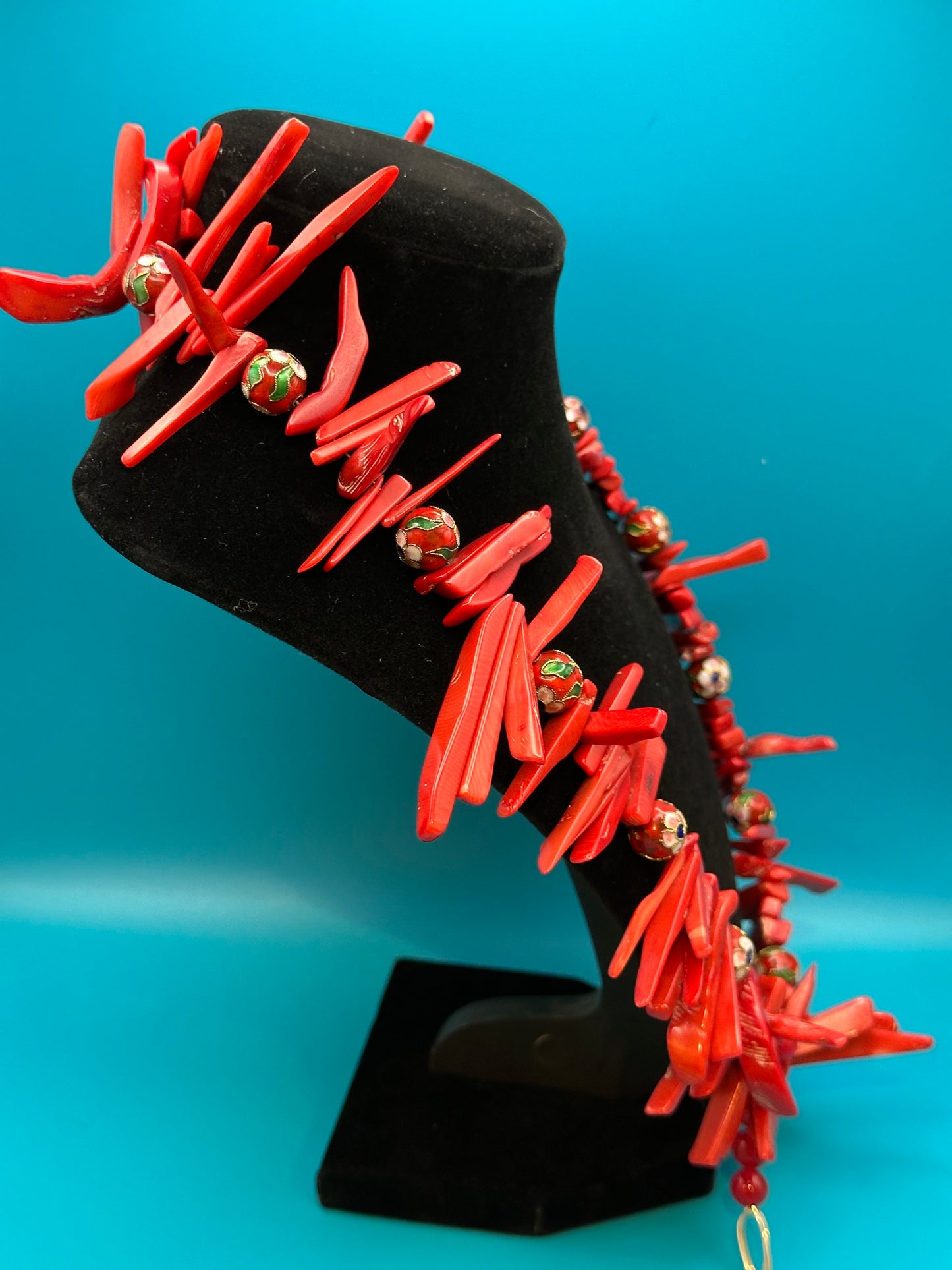 Real coral necklace with flowered enamel beads
