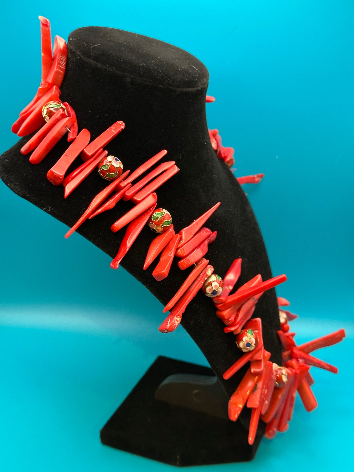Real coral necklace with flowered enamel beads