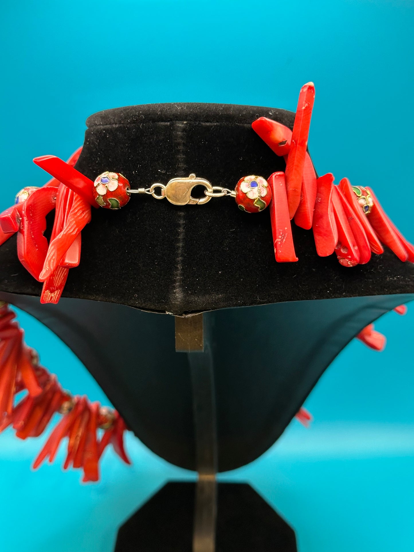 Real coral necklace with flowered enamel beads