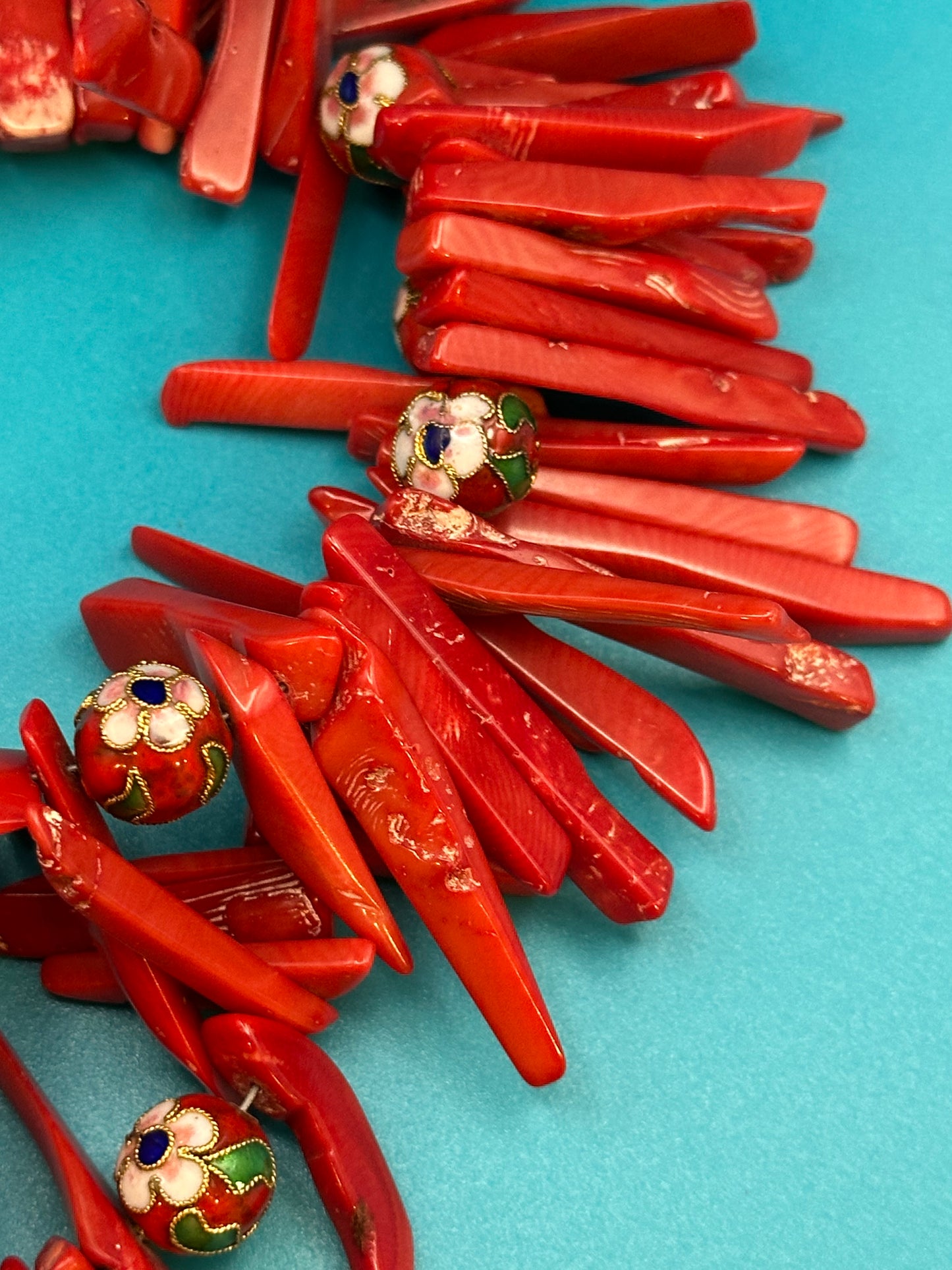Real coral necklace with flowered enamel beads