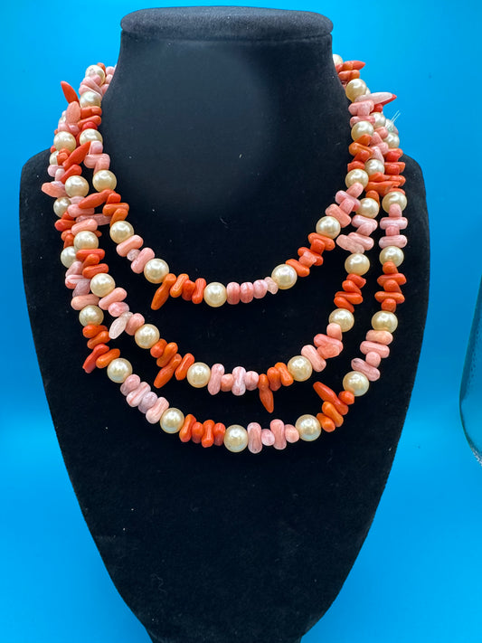 Pearl and coral long necklace