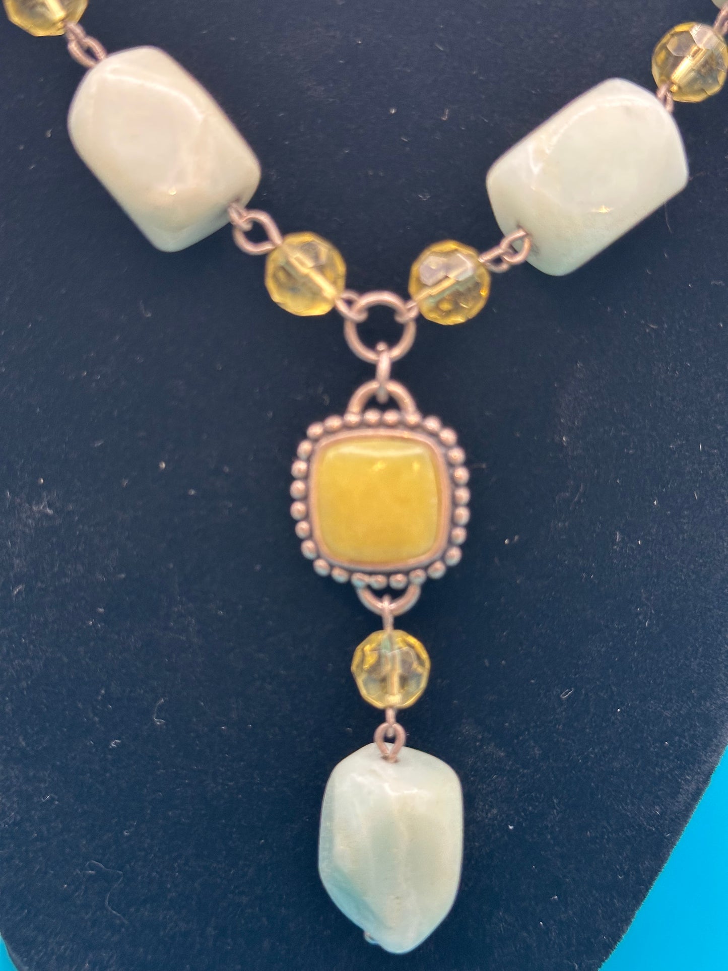 Vintage sterling silver amazonite jade and citrine beaded Y necklace
