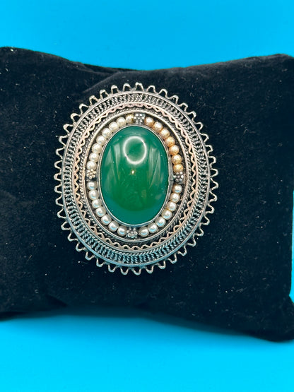 Dramatic sterling silver Israeli filigree and Chalcedony brooch/pendant