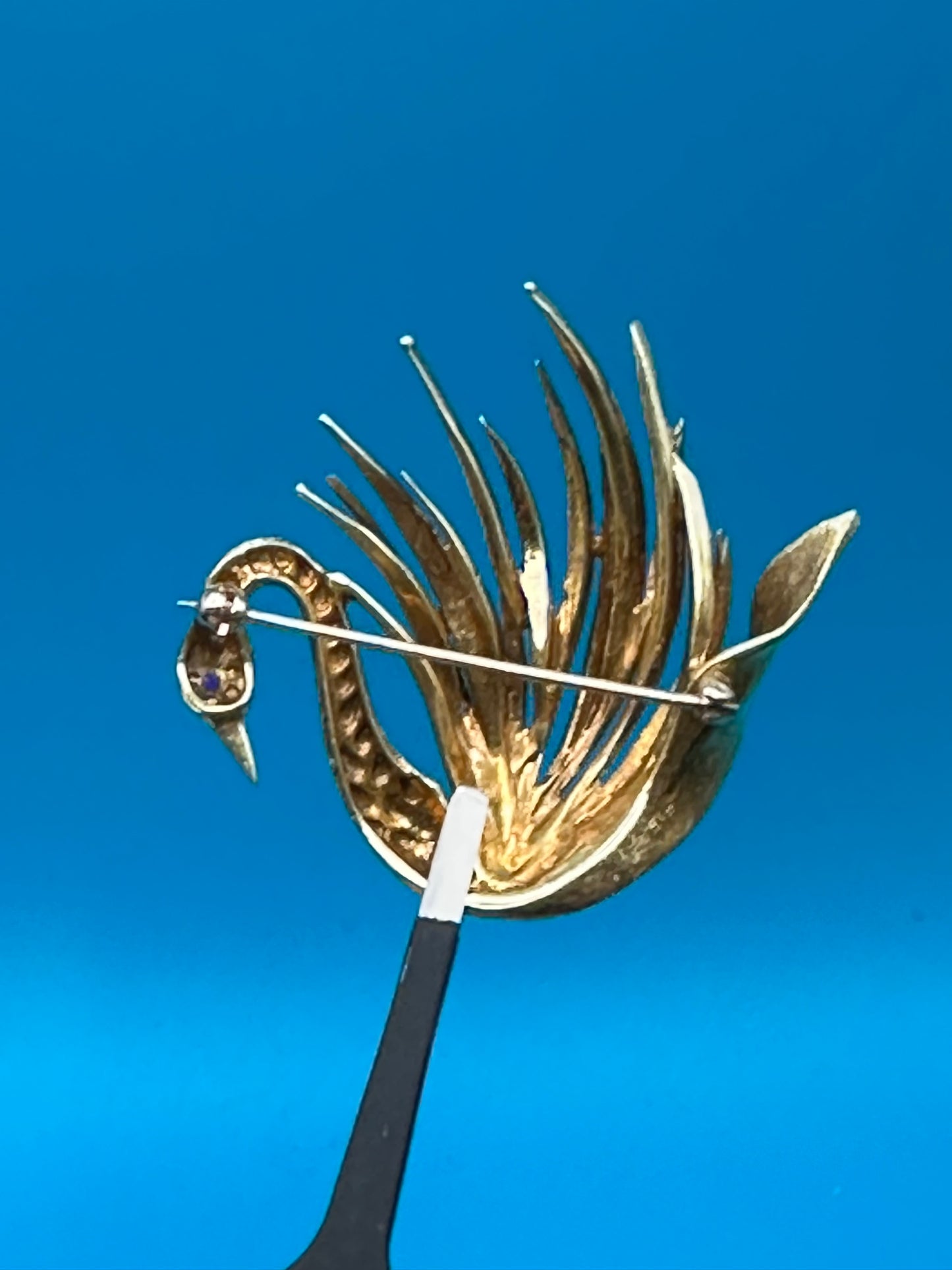 14k yellow gold mid-century swan brooch with ruby eye