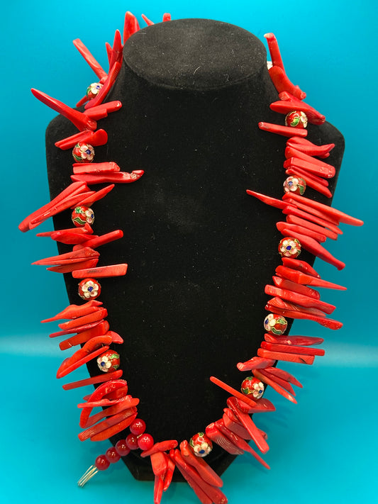 Real coral necklace with flowered enamel beads
