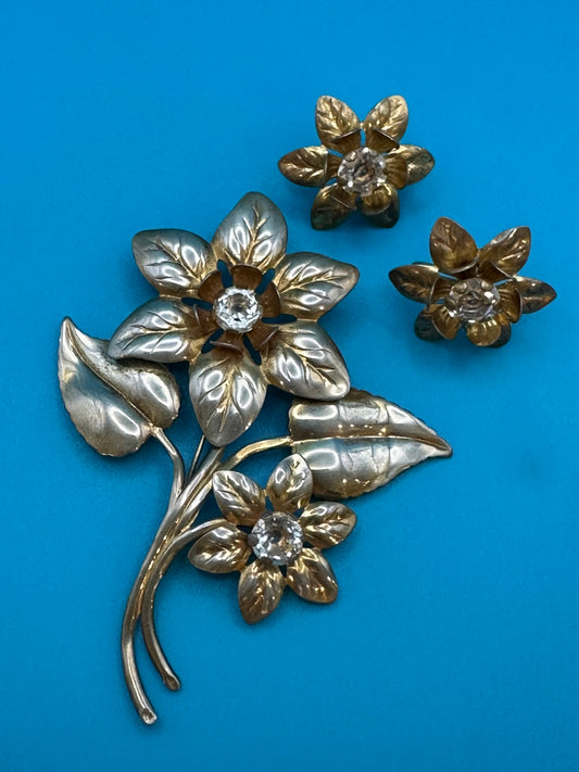 Vintage flower pin and earring set
