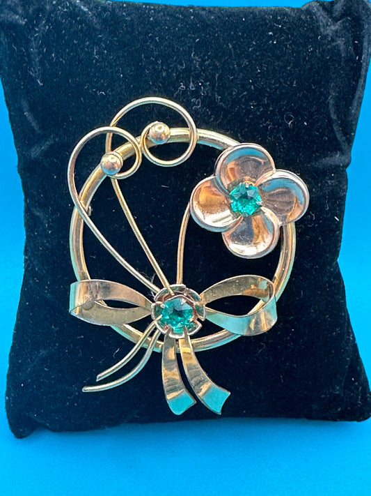 Vintage Harry Iskin green stone flower brooch. Harry Iskin manufactured costume jewelry in Philadelphia in the 1930's-1950's. Marked HI 1/20 10k gf